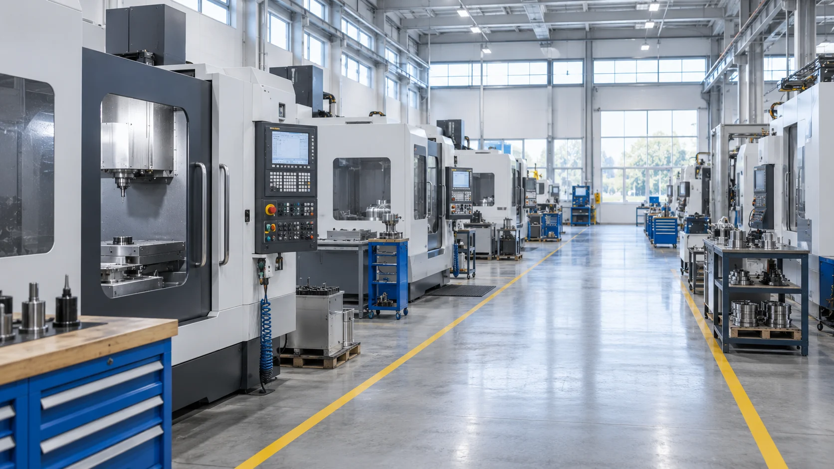 整洁的 CNC 加工车间,制造业设备管理应用场景示意